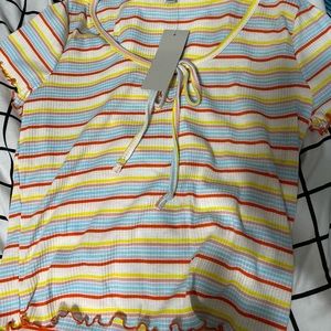 ribbed striped crop top with key hole tie